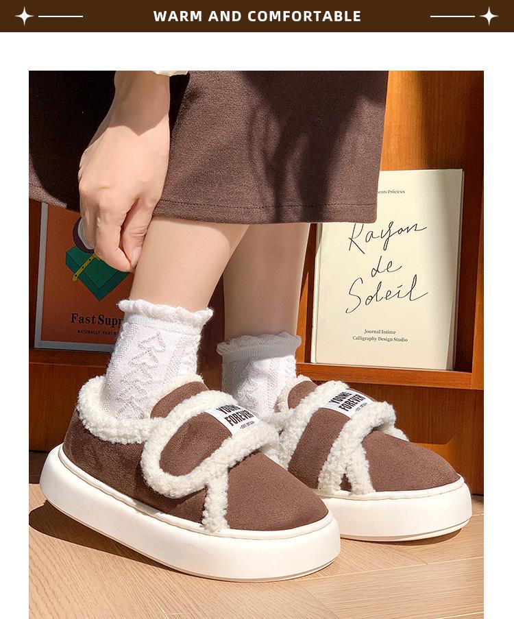 Women's Retro Velcro Cotton Slippers - Non-Slip, Warm Velvet, Full Heel for Autumn/Winter.
