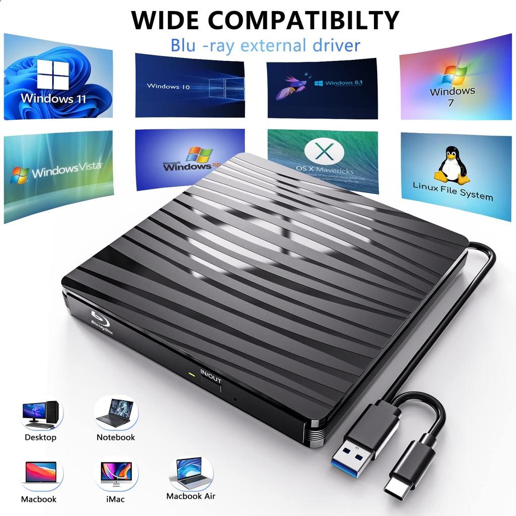 External Blu Ray Drive, USB 3.0 Type-C Blu Ray Burner Blu-Ray Reader and Writer 3D BD-ROM Optical DVD Recorder BD-RE Bluray Play