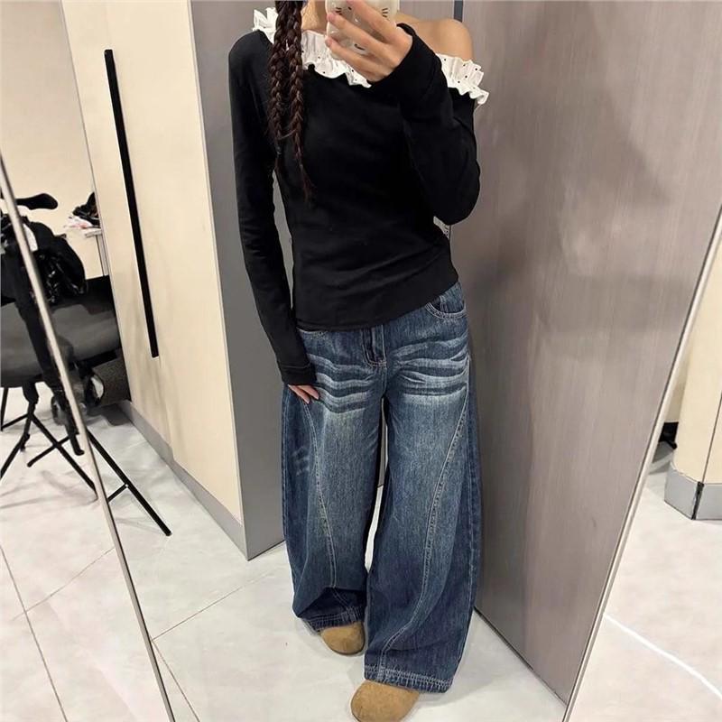 Women s High Waist Deep Blue Curved Knife Jeans - 2025 Autumn/Winter Collection: Loose, Wide Leg, Slimming Drape L