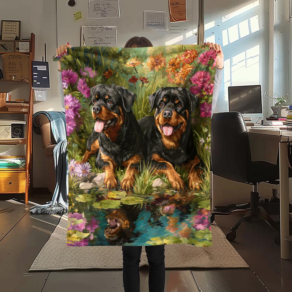 Rottweiler and Garden,pattern Flannel Blanket, High quality Comfortable for All Seasons, Home Decor, Warmth and Comfort, Perfect for Gifts.