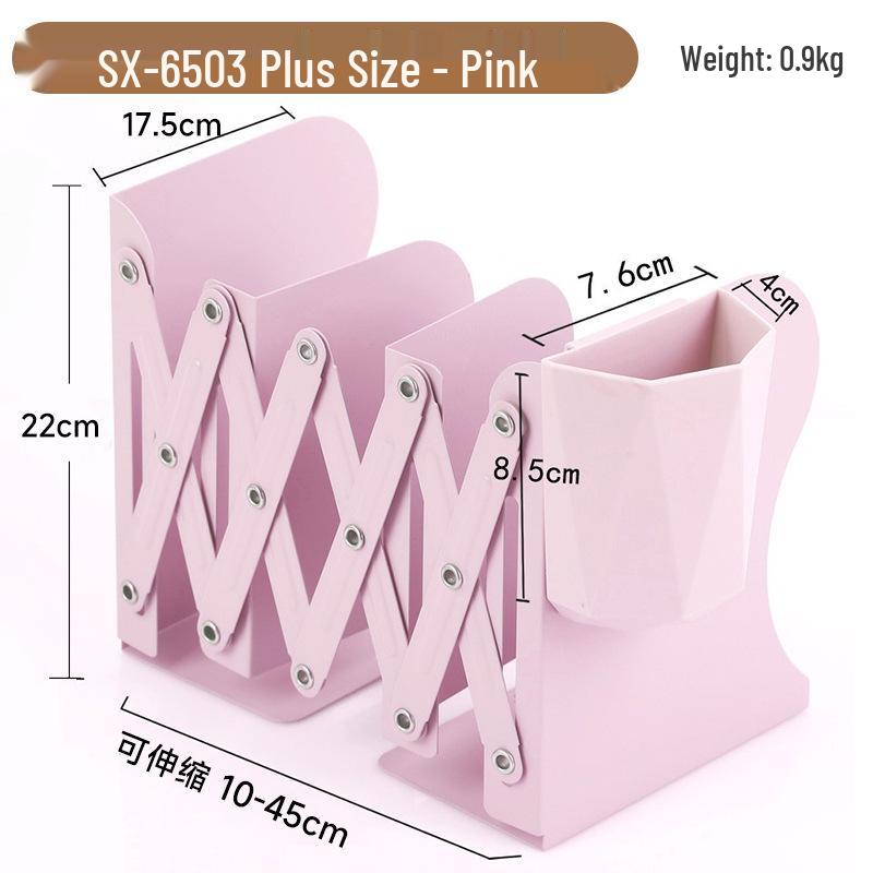 Metal Foldable Book Stand & Pen Holder: Large Desktop Bookend Storage Rack
