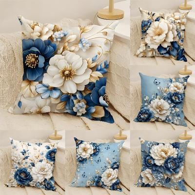 Blue Gold Floral Art Cushion Cover Natural Linen Organic Fabric DoubleSided Printing Sofa Home Decor Gift Pillow Cover