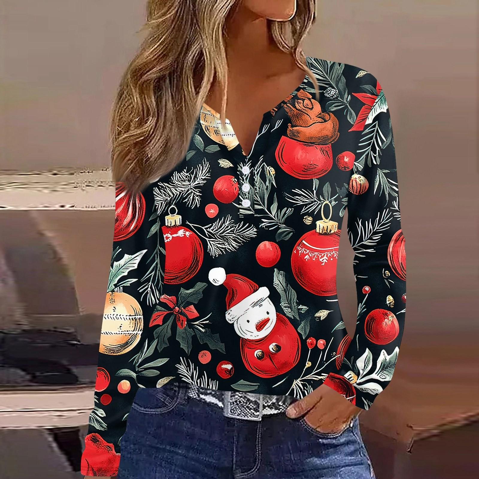 

Женская футболка с рождественским принтом на пуговицах с длинным рукавом, повседневная, выходного дня, модная, базовая, с V-образным вырезом, обычная XL тёмно-синий