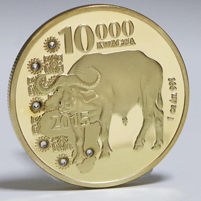 African Zambian commemorative coin, inlaid with leopard gold coins, wildlife elephant commemorative coins, foreign currency, coins