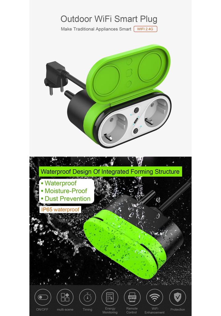 EU Waterproof Outdoor Smart Double Plug with Alexa - IP44 Graffiti Smart Home Timer Socket