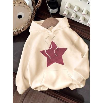 Retro Fünfzackiger Stern Musterdruck 2025 Herbst Winter Damen Hoodie Rundhals Langärmlig Lässige Damenbekleidung