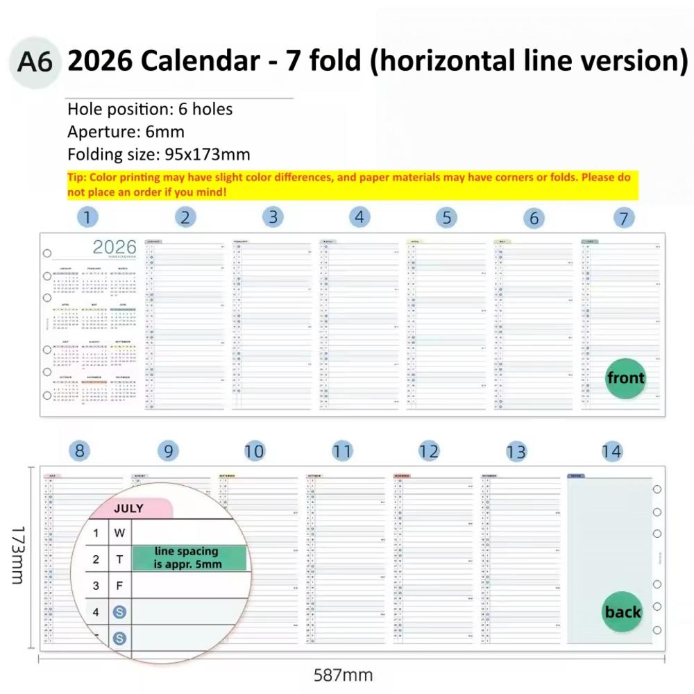 Calendario 2026 A6 A7 A8 M5 Anual Mensual Planificador de Calendario Páginas Interiores Hojas Sueltas Núcleo de Repuesto Recambios Papel Manual de Bricolaje