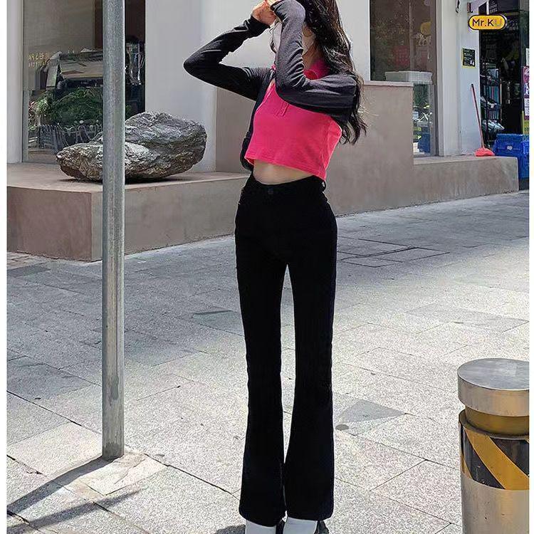 Women's Black High-Waisted Stretch Denim Micro-Flare Pants - Slimming & Trendy for 2025 Autumn/Winter