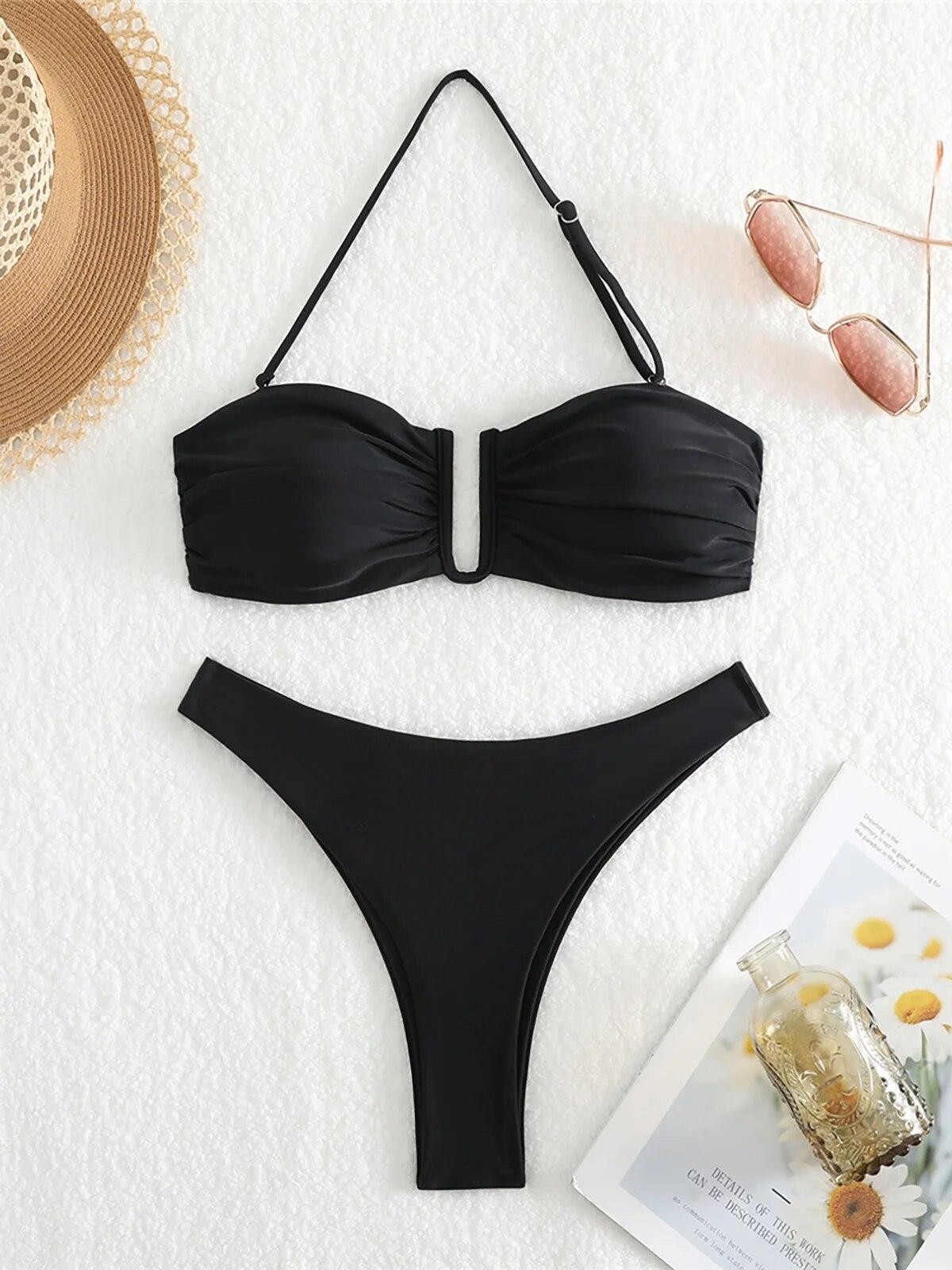 

Сексуальне бразильське бікіні з леопардовим вирізом і круглим вирізом. Жіночий купальний костюм із двох частин. Комплект бікіні. S чорний