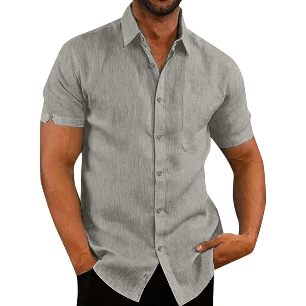 Men's Spring Summer Casual Solid Color Cotton Loose Lapel Short Sleeve Men's Shirt Men's Tops