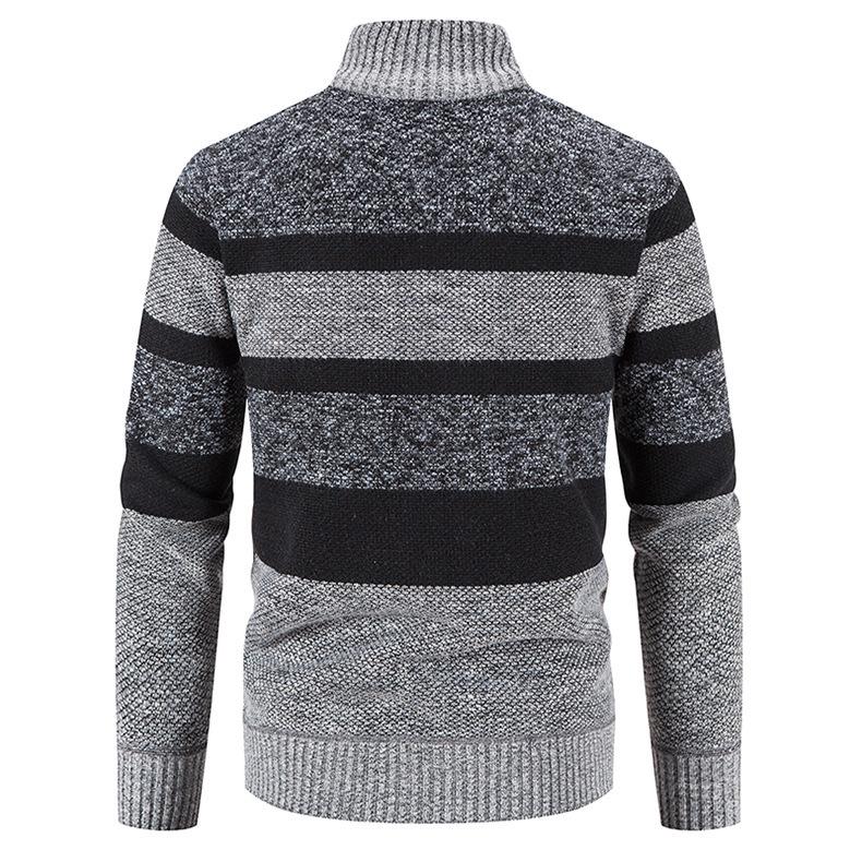 Men's Thickened Velvet Stand Collar Color Block Knit Cardigan Sweater Jacket for Autumn/Winter