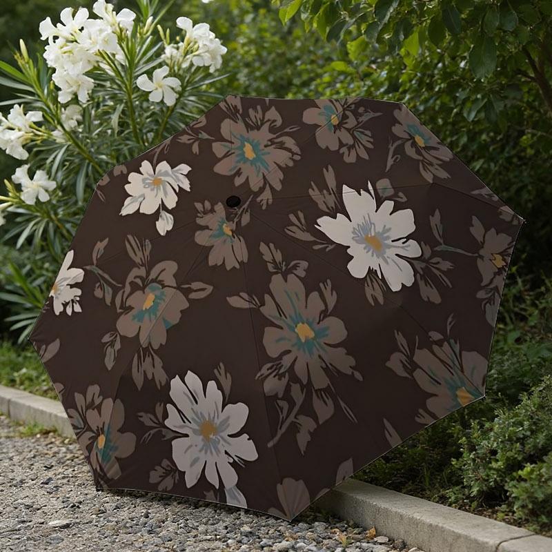 1pc Automatic Folding Umbrella - Brown with White Floral Vintage Elegant Pattern, Sun and Rain Protection, Sunscreen and, Dual (as the picture,iron&8K)