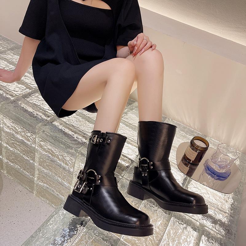 Podzimní Retro Dámské Boty na Silné Podrážce Luxusní Dámské Ležérní Kovbojské Boty Nová Móda Klasické Boty Dámské S Přezkou Kožené Boty