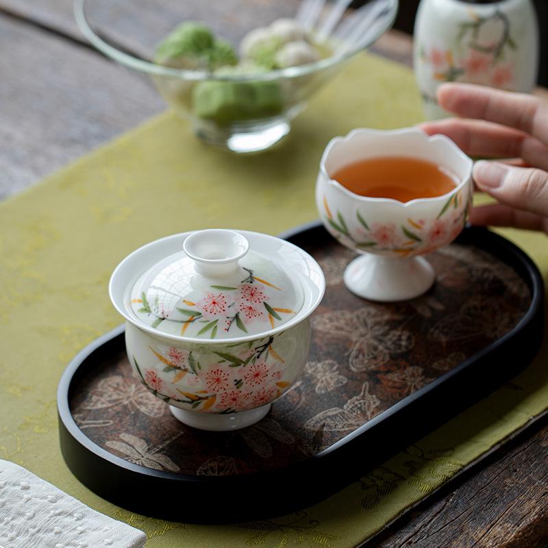 Jade Mud White Porcelain Hand-Painted Beautiful Flowers Gai Wan Tea Bowl Tea Maker Lady Tea Set Tea Ceremony Kung Fu Tea Set