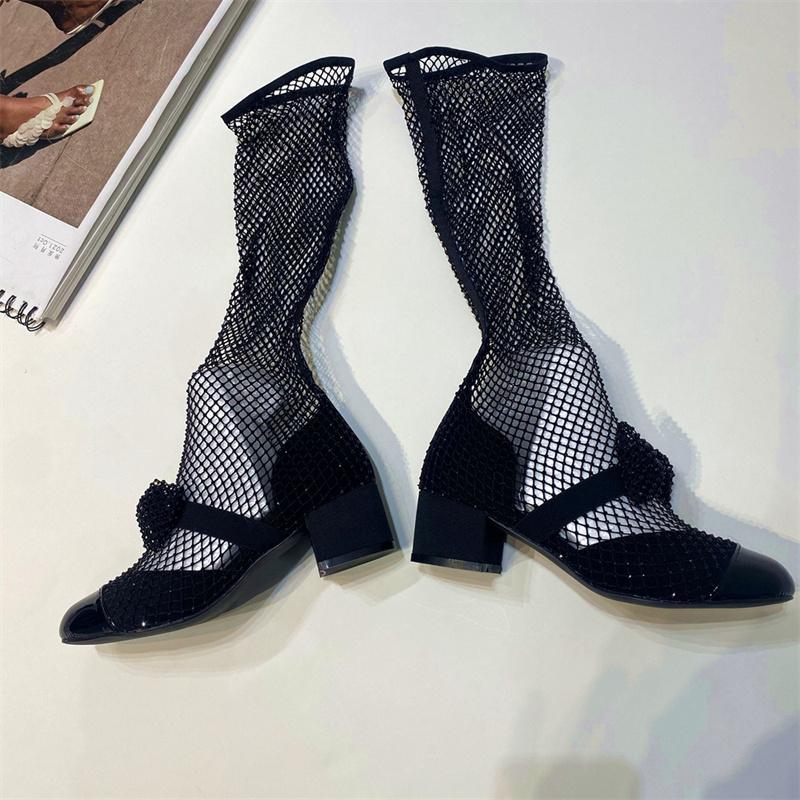 Fashion Spring Summer 2025new Rhinestone Bowkno Sexy Mesh Boots High Heels Small Fragrance Style Sandals Europe America Big Size 45 46