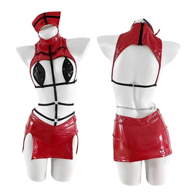 Erotic Sexy Nurse Cosplay Costume Punk Sweet Nurse Uniorm Lingerie Set Red Patent Leather Women Bodysuit Halloween Party Clothes