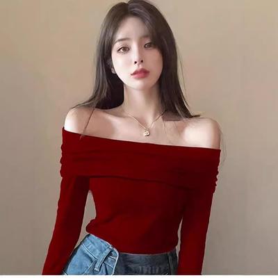 T-shirt à manches longues et épaules dénudées en velours allemand pour femmes: Haut Slim-Fit, Sexy, Chaud pour le Printemps, l'Automne et l'Hiver