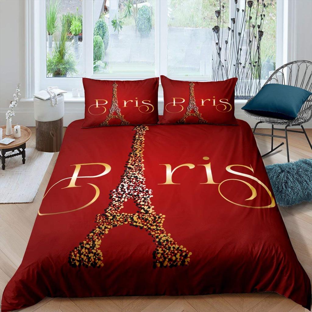 Eiffel Tower Duvet Cover Set King Size Love Heart Bedding Set Paris City Polyester Building Set For Girls France Urban Style