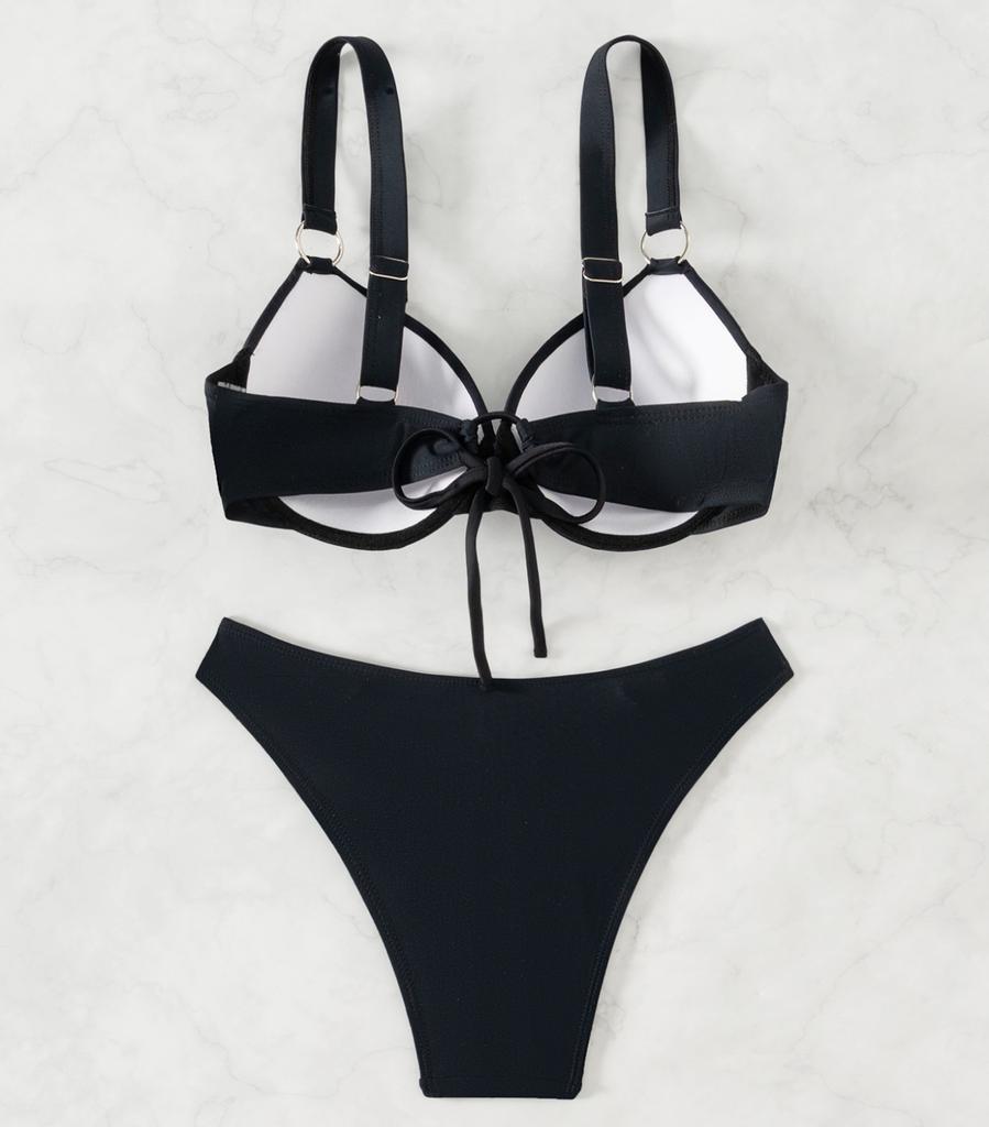 Women's Swimsuit Sexy Black Hard Back Wide Shoulder Straps Rear Tie High Waist Bikini Split Set Beachwear Bathing Suits