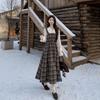 Women's Plus Size Plaid Patchwork Lace-Up A-Line Dress with Waist-Cinched Skirt