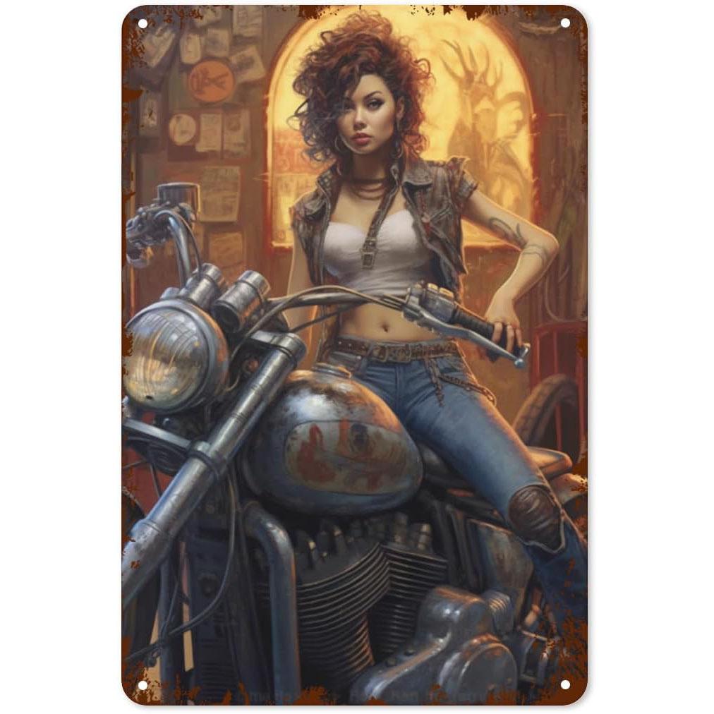 Metal Tin Signs Pinup Motorcycle Girl Wall Decoration Plaque Vintage Poster Iron Painting for Man Cave Home Cafe Garden Club Bar