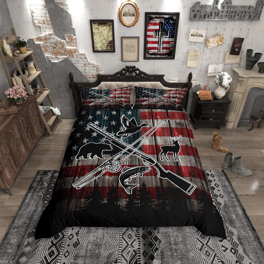 Homewish Rustic Hunting Fishing Duvet Cover Set for Men,Retro US Flag Bedding Set,Wildlife Bear Deer Bed Set