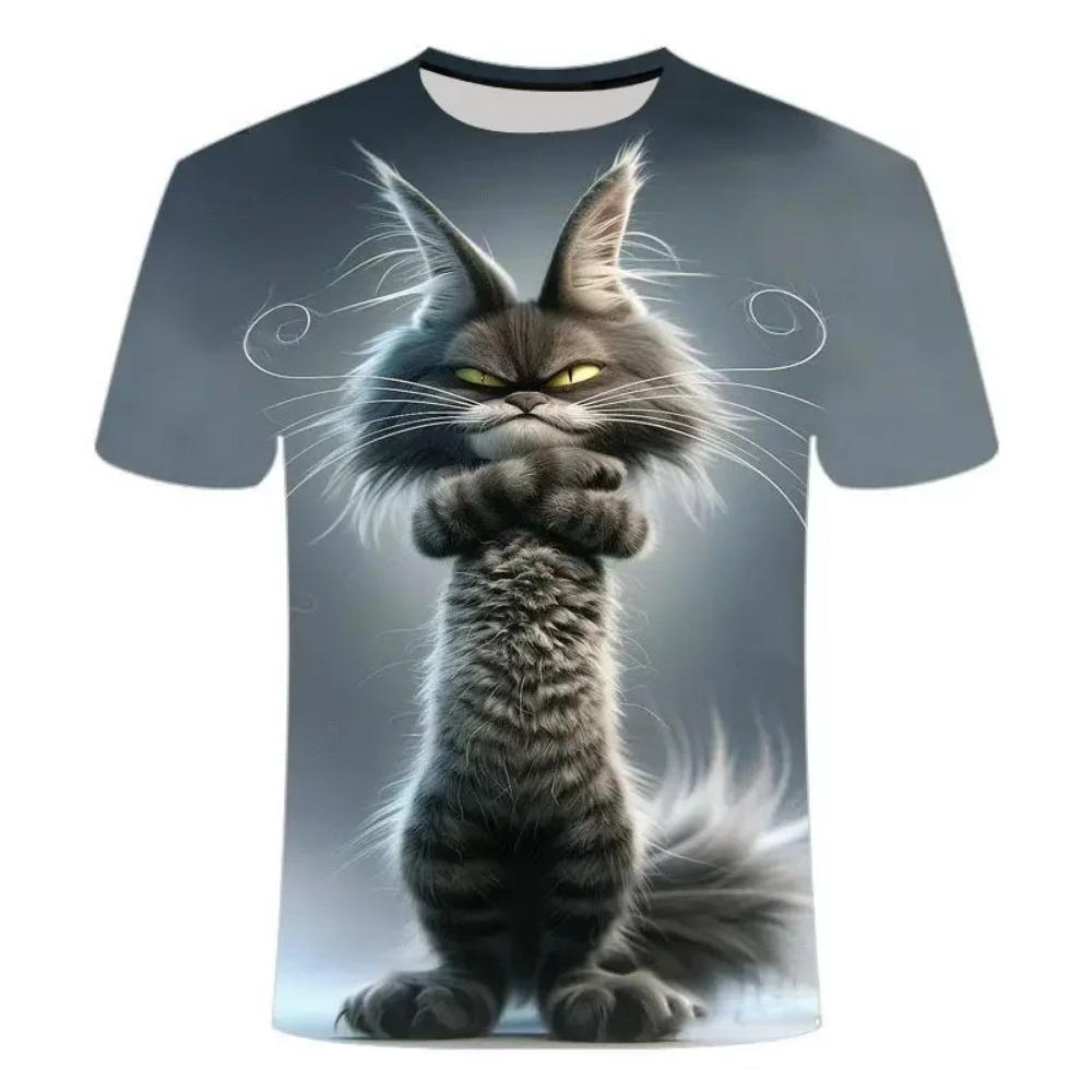 Men's and women's fun cat printed T-shirts, personalized animal 3D printed T-shirts, loose short sleeved T-shirts