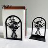L-shaped Bookend 1 Pair Flower Metal Bookends, Decorative Vase Book Ends for Non-slip Shelves, Black Holder Stopper Home Office Reading Room