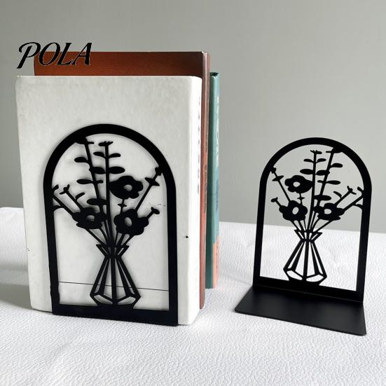L-shaped Bookend 1 Pair Flower Metal Bookends, Decorative Vase Book Ends for Non-slip Shelves, Black Holder Stopper Home Office Reading Room