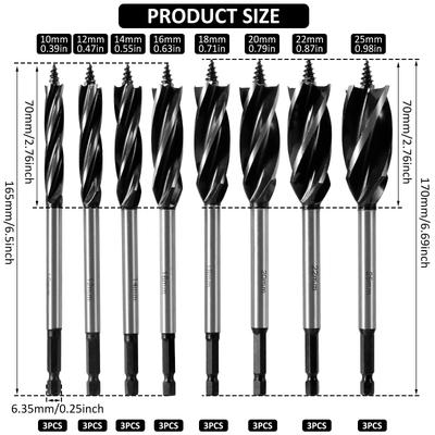 24Pcs 10-25mm Hex Shank Twist Drill Bit Set with Nonslip Wood Fast Cut Auger Carpenter Drill Bit Wood Cut Suit for Woodworking