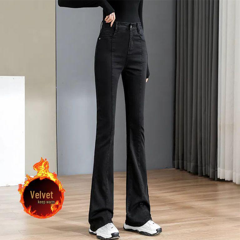 Women's High-Waist Skinny Micro-Flare Jeans - Spring/Autumn Fashion, Stretch, Blue-Gray, Fleece-Lined.