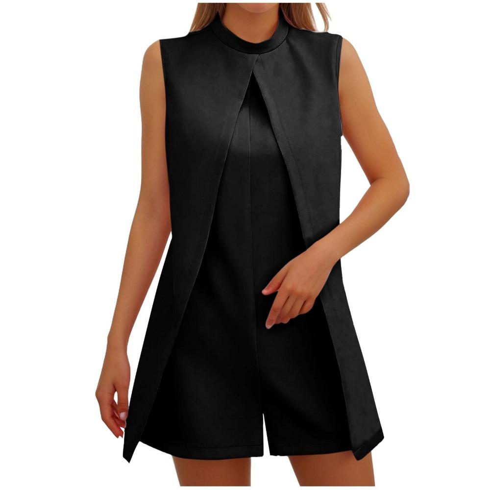 Combinaison courte sans manches à col rond pour femme, couleur unie