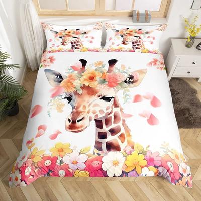 Watercolor Floral Giraffe Bedding Set – Cute Animal Duvet Cover Set, Perfect Gift for Kids & Nature Lovers, Fits Twin/Full/Queen/King Size Beds