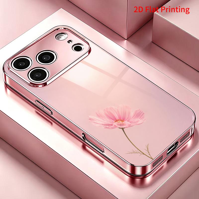 2DFlat electroplated tempered glass phone case,Pink Cosmos Flower on Soft Gradient Background,suitable for iPhone 18 Pro Max 17 16 15 14 13 12 11