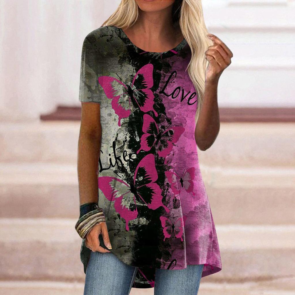 Women's Round Neck Short Sleeve Geometric Print Tunic Top Casual Asymmetrical Hem Blouse