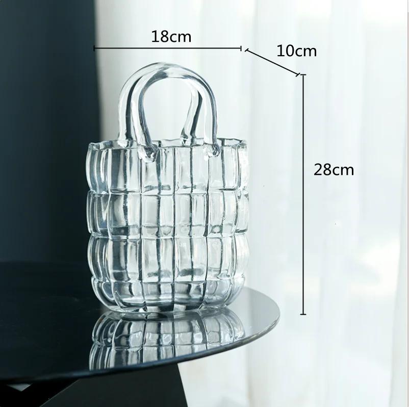 Clear Glass Vase Bag Handbag Basket Transparent Terrarium Flower Vase Floral Arrangement Accessories Living Room Decoration
