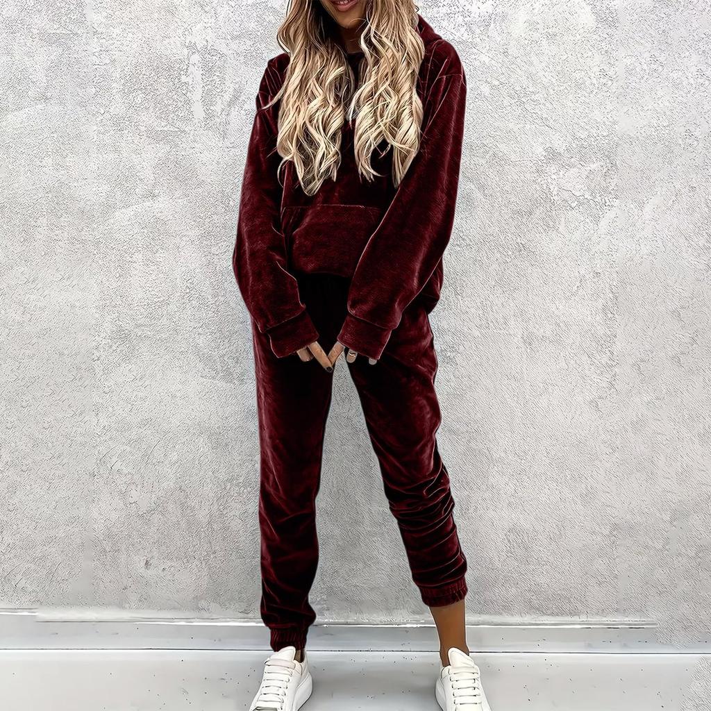 Women's Casual Color Hooded Sweatshirt and Jogger Pants Two-Piece Set with Pockets for Sports and Everyday Wear
