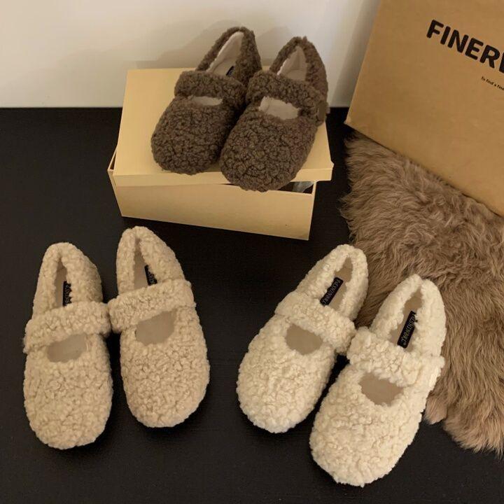 Flat-bottomed Versatile Mary Jane Fluffy Shoes Women's Shoes Wear 2025 New Autumn and Winter Foreign Style Velvet Cotton Shoes Single Shoes