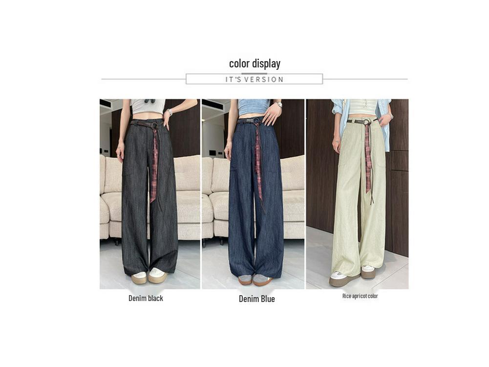 Women's Retro High-Waisted Faux Denim Pants - Slimming Belted Straight-Leg, Casual Spring 2026 Collection