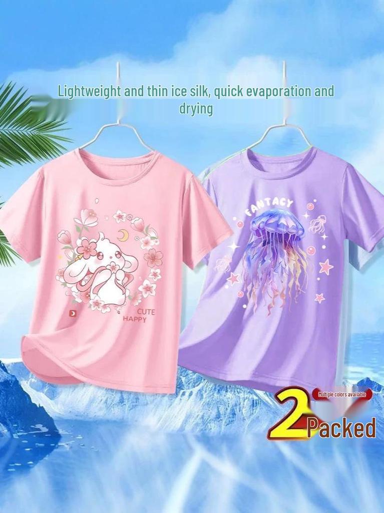 Girls' Ice Silk Mesh T-Shirt, Short Sleeve, Quick-Dry, Breathable, 2026 Style for Medium & Large Children