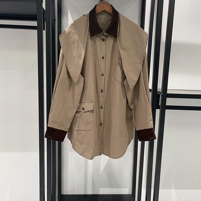 

French Style Autumn/Winter 2025 Luxury Retro Plaid Shirt with Detachable Scarf S хакі