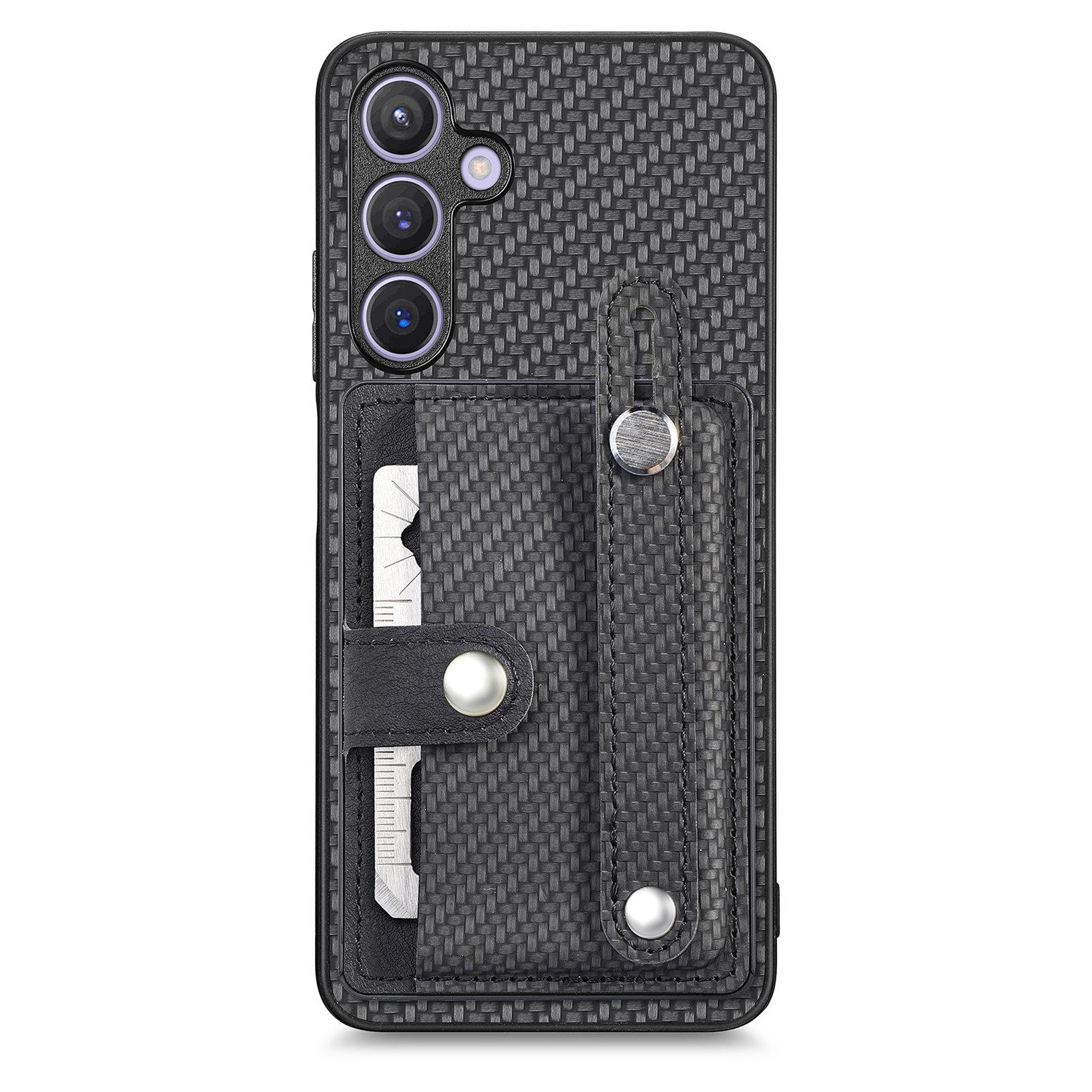 

For Samsung Galaxy S25+ Case Carbon Fiber Texture Leather Phone Back Cover with Card Holder Black