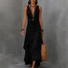 Maxi Abito da Donna Senza Maniche Scollo a V in Chiffon con Fondo Arricciato per Vacanza al Mare