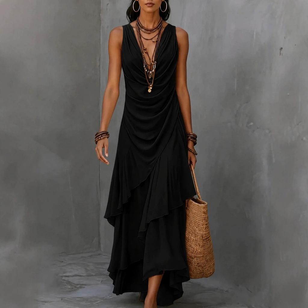 Maxi Abito da Donna Senza Maniche Scollo a V in Chiffon con Fondo Arricciato per Vacanza al Mare