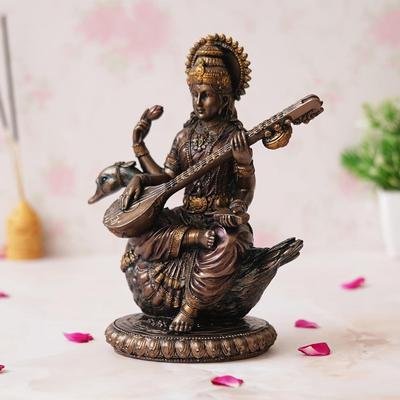 Goddess Saraswati Idol Sitting On Swan Playing Veena Statue - Perfect for Vasant Panchami - Goddess of Knowledge, Music, Art - Idol for Gift