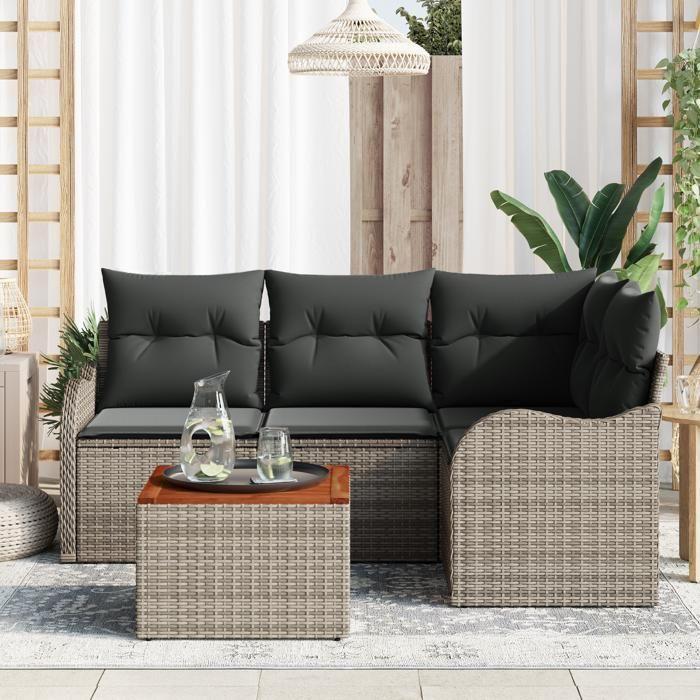 VidaXL Ensemble de Canapé de Jardin de 5 Pièces avec Coussins Gris, Rotin Synthétique et Acacia 3347447