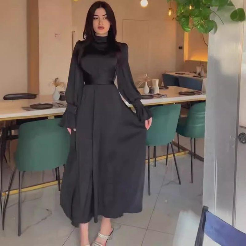 Waist Up Dress2024 Spring and Autumn European and American Women Clothes Satin Long Sleeve Temperament Elegant Waist Hugging Big Hemline Dress