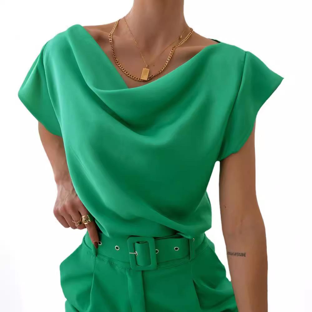 

BITCED Летняя однотонная простая женская рубашка с коротким рукавом и воротником-стойкой, топ для женщин XXL зелёный