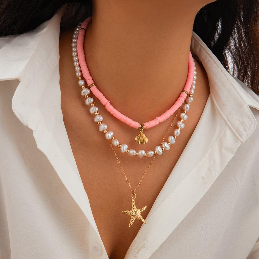 Beach Style Ocean Shell Beaded Necklace Baroque Faux Pearl Starfish Collar Chain