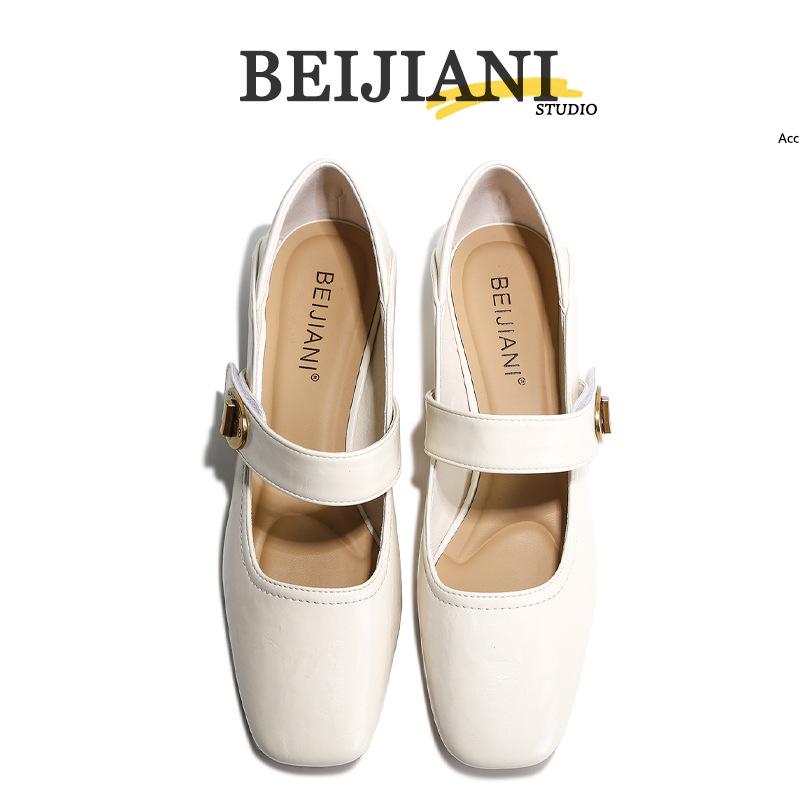BEIJIANI 1389-1 Women's Chunky Heel Mary Janes, Square Toe, Low-Cut Ankle Strap, Spring/Autumn.